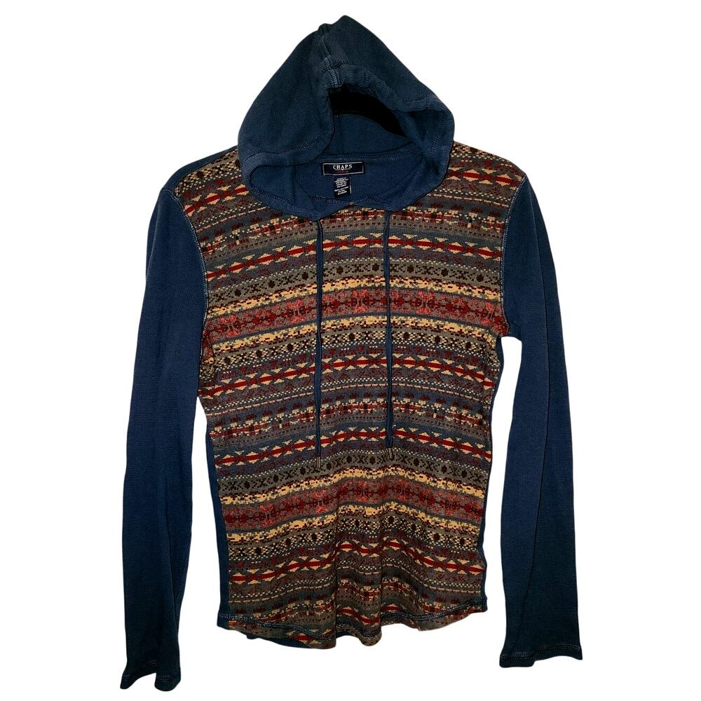 Chaps Waffle Knit Southwestern Aztec Pullover Hooded Shirt Size Medium